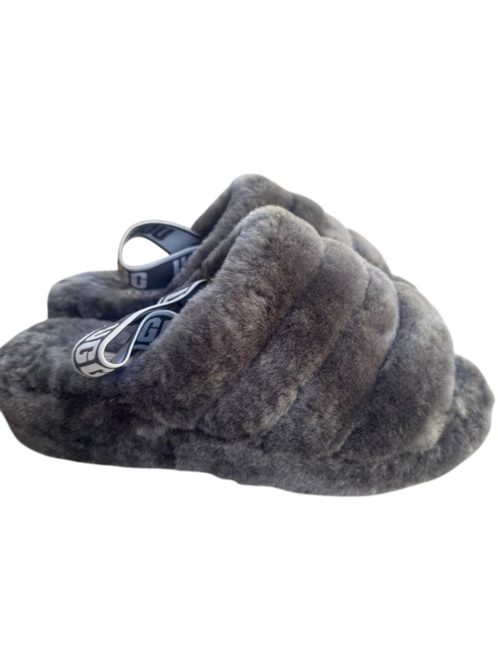 UGG Fluff Yeah Slide Slippers Gray Size EU 40 US 9 Women Sheepskin Elastic Strap
